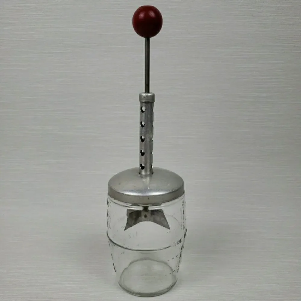 Vintage 14 oz Nut Chopper Red Wood Knob Glass Jar MCM Kitchen Gadget